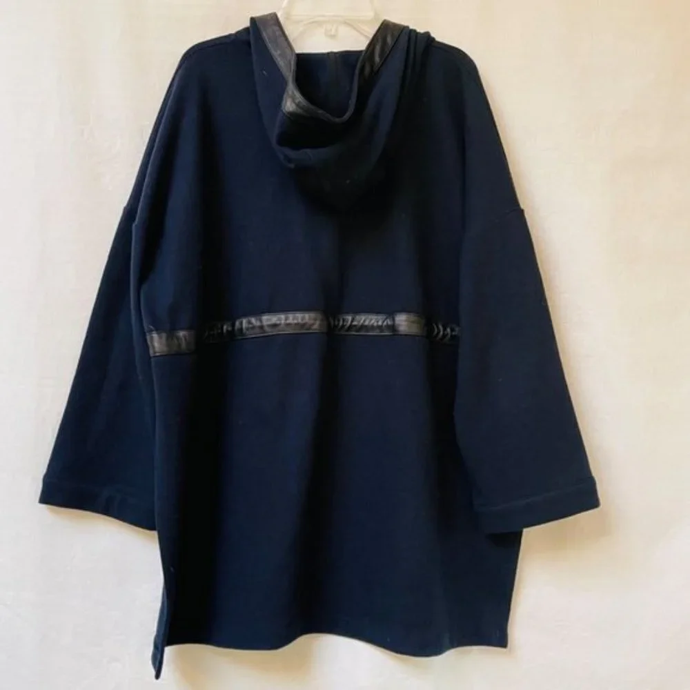 Club Monaco Hooded Sweater Womens Small Blue Wool Leather Trim Winter Pullover